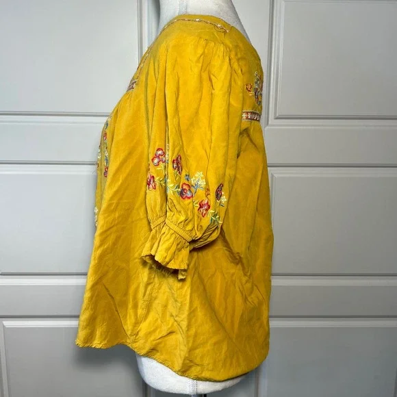 Savanna Jane Embroidered Tunic Top Yellow Mustard Short Sleeve Boho‎ M - Picture 4 of 8